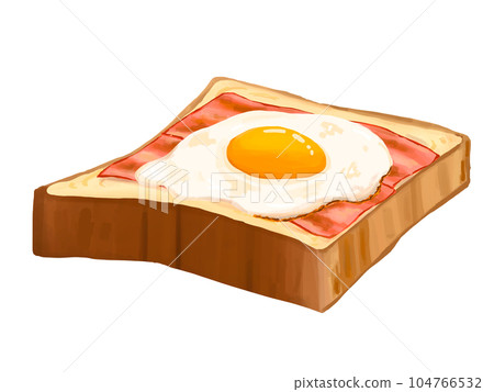 Bacon and eggs, fried eggs, white bread, bread, breakfast, breakfast, freshly baked, cut into 5 slices, shadowless Bacon and eggs, fried eggs, white bread, bread, breakfast, breakfast, freshly baked, cut into 5 slices, shadowless 104766532