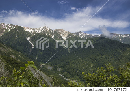 Magnificent view of Shirouma Sanzan seen from Kurobishi Forest Road, Hakuba Village, Nagano Prefecture Magnificent view of Shirouma Sanzan seen from Kurobishi Forest Road, Hakuba Village, Nagano Prefecture 104767172
