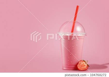 Pink Strawberry Milkshake In Plastic Take Away Cup Isolated On