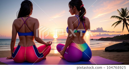 Two incredibly beautiful sexy girl models in bikini on the sea shore of a tropical island, brunette, bronze tan, travel summer vacation, fashion style. Evening sky and water background. Generative AI 104768925