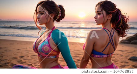 Team young healthy beautiful woman posing practice yoga on ocean or sea beach, wonderful evening sky and water background, healthy exercise lifestyle concept. Summer Vacation Meditation. Generative AI 104768955