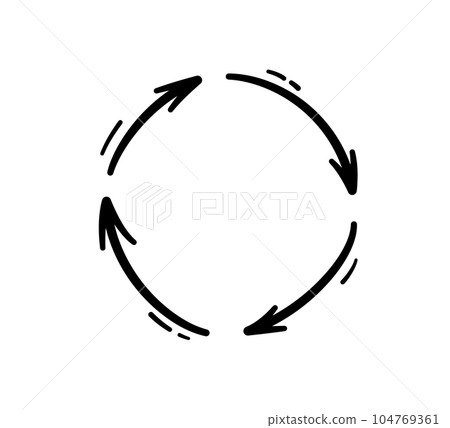 Round doodle arrow. Hand drawn circle arrow icon. Recycle sketch sign. Repeat graphic line symbol. Vector doodle illustration isolated on white background Round doodle arrow. Hand drawn circle arrow icon. Recycle sketch sign. Repeat graphic line symbol. Vector doodle illustration isolated on white background 104769361