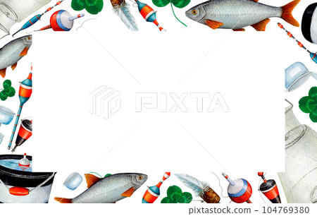 Watercolor drawing rectangle frame from various fishing bobblers, fish, buckets, clover leaves, fishing nets, fishing line, bait cans. White rectangle background in middle. Angling gear to logo, photo 104769380