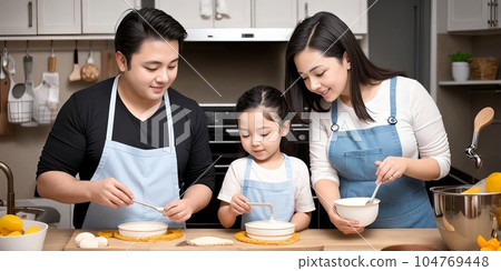 Overjoyed young family with little preschooler daughter have fun doing bakery in kitchen together, happy parents enjoy weekend with small girl child baking pastries, making pie at home. Generative AI 104769448