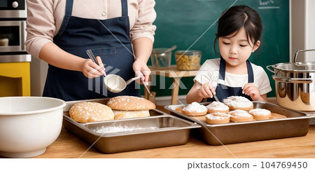 Overjoyed young family with little preschooler daughter have fun doing bakery in kitchen together, happy parents enjoy weekend with small girl child baking pastries, making pie at home. Generative AI 104769450