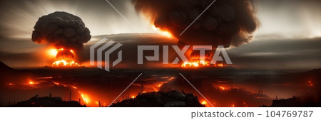 Nuclear explosion. Terrible atomic explosion of a nuclear bomb with a mushroom cloud of radioactive dust. Hydrogen bomb test. Nuclear catastrophe. Way to nuclear war. Generative AI 104769787