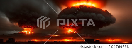 Nuclear explosion. Terrible atomic explosion of a nuclear bomb with a mushroom cloud of radioactive dust. Hydrogen bomb test. Nuclear catastrophe. Way to nuclear war. Generative AI 104769788
