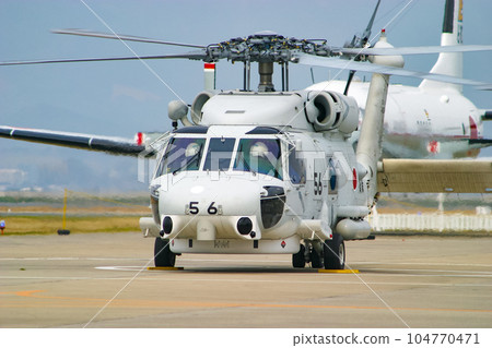 Maritime Self-Defense Force patrol helicopter SH-60J preparing to take off 104770471