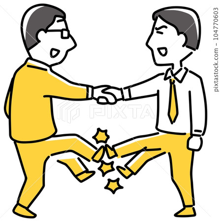 Businessmen kicking each other while shaking hands 104770603