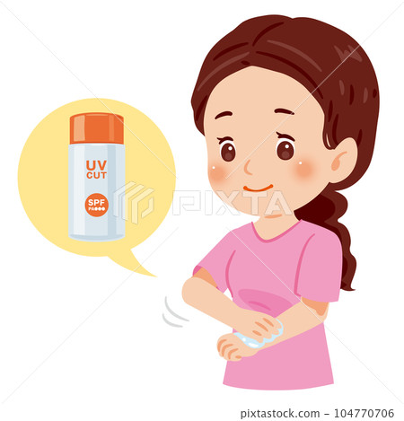 A woman who puts sunscreen on her arm 104770706