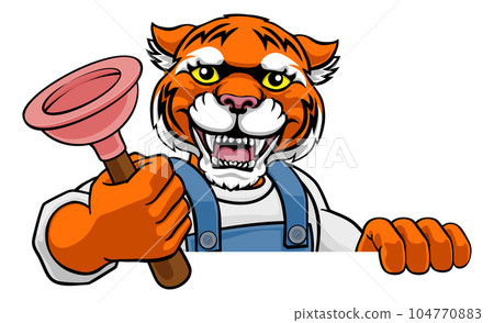 Tiger Plumber Cartoon Mascot Holding Plunger Tiger Plumber Cartoon Mascot Holding Plunger 104770883