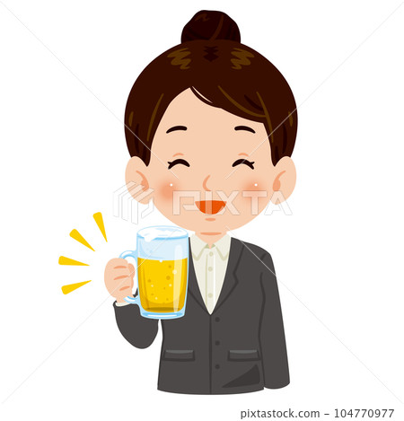 一位身穿西裝、一手拿著啤酒微笑的年輕女子 104770977