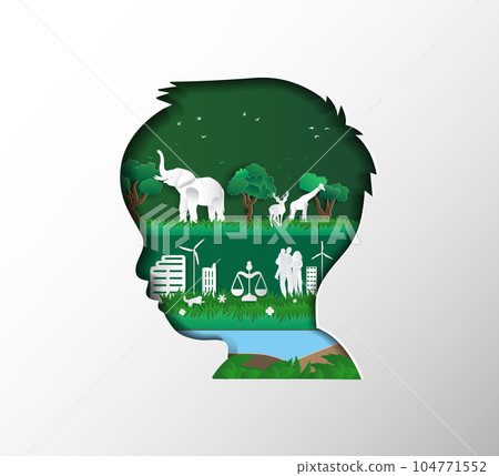 Children thoughts in the head about Eco nature family, Image illustration on a white background, (ESG) environmental social governance And Universal children's day Paper cut art out style concepts. 104771552