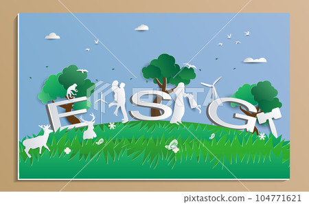 ESG Text image illustration With nature, society, environment governance Clean energy, sustainability with the sky background, (ESG) environmental social governance Paper cut art out style concepts. ESG Text image illustration With nature, society, environment governance Clean energy, sustainability with the sky background, (ESG) environmental social governance Paper cut art out style concepts. 104771621
