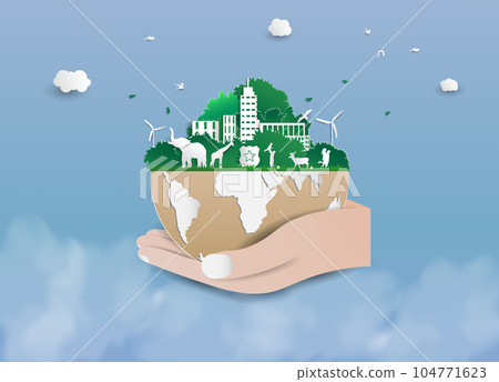 Nature environment animals and people on world In hand and on the clouds with the sky background Image illustration, (ESG) environmental social governance sustainable Paper cut art out style concepts. Nature environment animals and people on world In hand and on the clouds with the sky background Image illustration, (ESG) environmental social governance sustainable Paper cut art out style concepts. 104771623