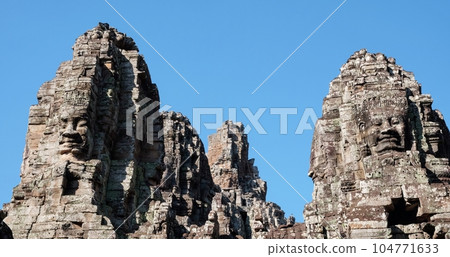 Khmer temple Bayon, known for its architecture, built as the official state temple of King Jayavarman VII in the 12th or 13th century. 104771633