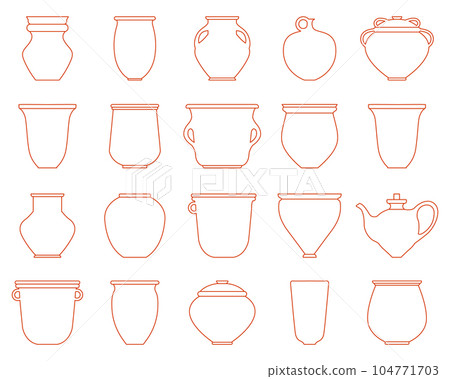 Vector pot and jug icon set. Vector contour illustration. Traditional crockery for food Vector pot and jug icon set. Vector contour illustration. Traditional crockery for food 104771703