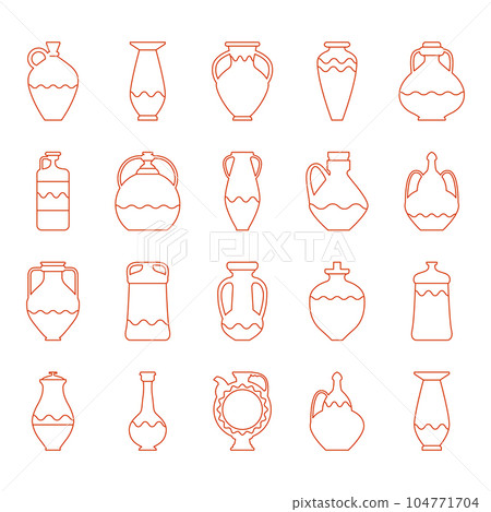 Set ceramic pots in minimalist linear style. Vector illustration with decorative elements Set ceramic pots in minimalist linear style. Vector illustration with decorative elements 104771704