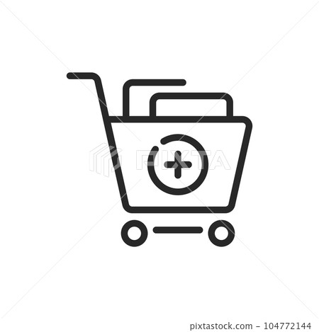 Shopping Cart with Plus Symbol Icon. Vector Linear Editable Button of Add to Basket Action, Addition of More Items to Shopping Cart, Increased Quantity, and Expanded Purchasing. 104772144