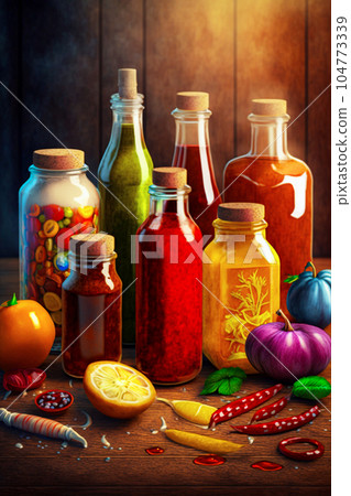 Composition with variety of pickled vegetables in glass bottles on wooden background Composition with variety of pickled vegetables in glass bottles on wooden background 104773339