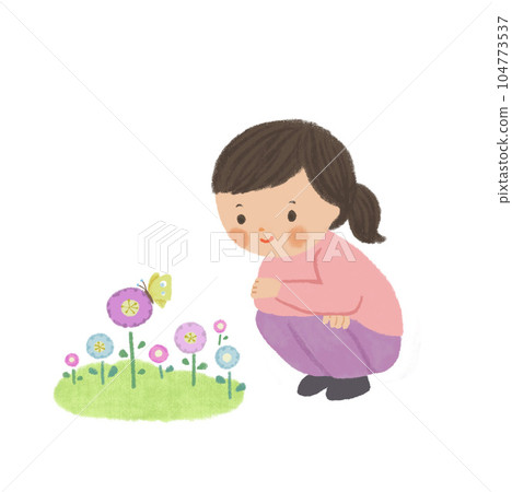 A girl crouching down looking at flowers and butterflies 104773537