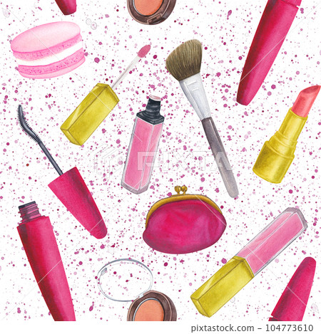 Seamless pattern mascara, blush, brush, lipstick, lip gloss, cosmetic bag, macarons. Watercolor illustrations on white background with color spots. Hand drawn. Pink Seamless pattern mascara, blush, brush, lipstick, lip gloss, cosmetic bag, macarons. Watercolor illustrations on white background with color spots. Hand drawn. Pink 104773610