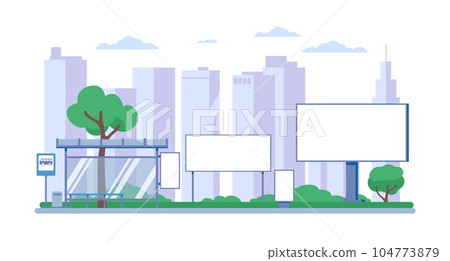 Urban advertising. White blank billboards and banners. City landscape. Downtown buildings and road signboard. Town marketing boards. Outdoor signage. Promotion lightbox. Vector concept 104773879