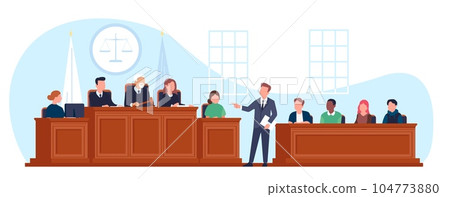 Trial in courtroom. Lawyer asks questions to witness. Courthouse interior. Judge and jury at wooden tribunes. Law tribunal. Prosecutor and defendant attorney. Vector jurisdiction concept 104773880