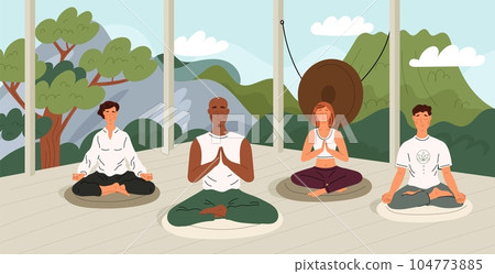 Meditation group. People in unity with nature. Persons sit in lotus position and meditate. Yoga practice. Balance and serenity. Yogi relaxation. Scenic landscape. Garish vector concept Meditation group. People in unity with nature. Persons sit in lotus position and meditate. Yoga practice. Balance and serenity. Yogi relaxation. Scenic landscape. Garish vector concept 104773885