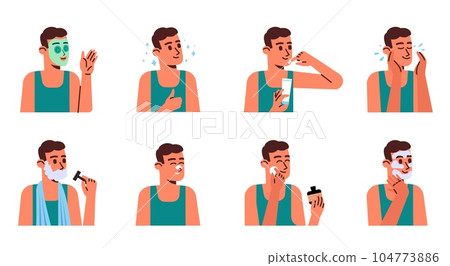 Male facial skin care procedures. Beauty routine. Man applying cosmetic mask and moisturizing cream. Shaving and cleansing. Makeup steps. Skincare products. Guy portraits vector set Male facial skin care procedures. Beauty routine. Man applying cosmetic mask and moisturizing cream. Shaving and cleansing. Makeup steps. Skincare products. Guy portraits vector set 104773886