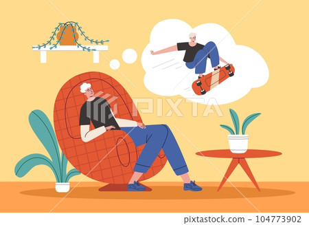 Cartoon lazy man dreams. Guy fell asleep in comfortable chair. Extreme skateboard jumps in thoughts cloud. Boy imagining about riding skateboard. Sedentary lifestyle. Vector concept Cartoon lazy man dreams. Guy fell asleep in comfortable chair. Extreme skateboard jumps in thoughts cloud. Boy imagining about riding skateboard. Sedentary lifestyle. Vector concept 104773902