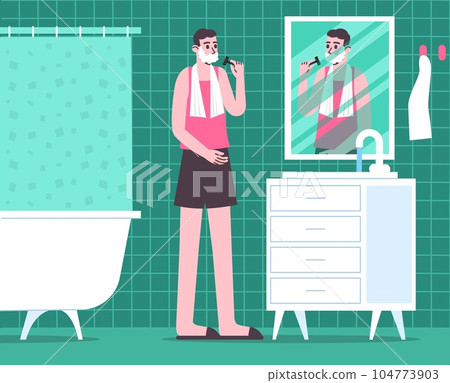 Cartoon guy shaves. Man in bathroom in front of mirror. Hygienic morning procedures. Facial skin hair removal. Beard care. Male skincare routine. Person with shaving blade. Vector concept 104773903