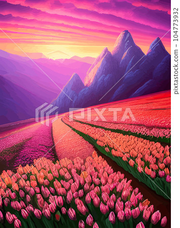 Vector spring background. Dutch landscape with tulip field, trees, hills, mountains. Floral vertical landscape poster cartoon hand drawn style. For posters, advertisements, wallpapers, landing pages 104773932