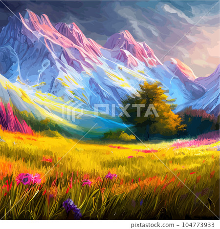 Beautiful field of tulips growing on the slope, mountains and sky illustration. Abstract field illustration. landscape spring vector background. Netherlands nature. Cover template. Poster Beautiful field of tulips growing on the slope, mountains and sky illustration. Abstract field illustration. landscape spring vector background. Netherlands nature. Cover template. Poster 104773933