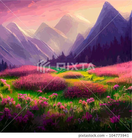 Beautiful field of tulips growing on the slope, mountains and sky illustration. Abstract field illustration. landscape spring vector background. Netherlands nature. Cover template. Poster Beautiful field of tulips growing on the slope, mountains and sky illustration. Abstract field illustration. landscape spring vector background. Netherlands nature. Cover template. Poster 104773941