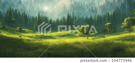 Vector horizontal landscape with fog, forest, mountains, morning sunlight. Illustration panoramic view, fogs silhouettes. Nice wallpaper, background, banner, cover, poster. natural clean landscape Vector horizontal landscape with fog, forest, mountains, morning sunlight. Illustration panoramic view, fogs silhouettes. Nice wallpaper, background, banner, cover, poster. natural clean landscape 104773946