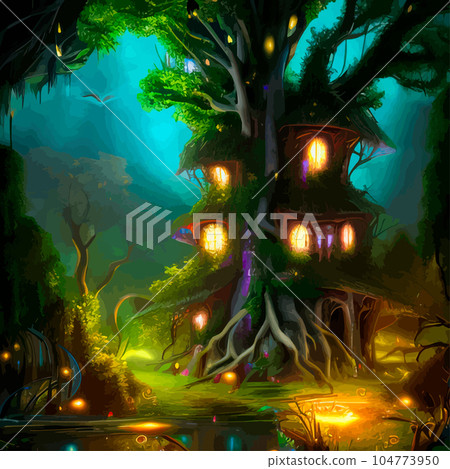 Fairy-tale house in a tree with a roof intertwined. Square flat cartoon illustration with textures. Forest house made leaves and clay gnome vector. Fairy elf gnome magic. 104773950