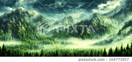 Foggy mountains landscape landscape vector illustration. Smoky rocky panorama with mountain mountains and silhouettes for pine forest. Evergreen forests and green meadows. Mountains in fog with forest Foggy mountains landscape landscape vector illustration. Smoky rocky panorama with mountain mountains and silhouettes for pine forest. Evergreen forests and green meadows. Mountains in fog with forest 104773957