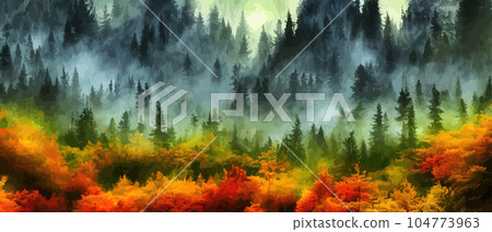 Wild natural landscape with mountains, coniferous forest with copy space. Great travel advertising, brochures, labels. Vector banner illustration. Idyllic amazing landscapes nature. beautiful season Wild natural landscape with mountains, coniferous forest with copy space. Great travel advertising, brochures, labels. Vector banner illustration. Idyllic amazing landscapes nature. beautiful season 104773963