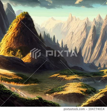 Mountain landscape. Mountain landscape. Vector illustration. Abstract background. Fantasy theme morning landscape, sunrise mountains. landscape with blue mountains silhouettes with fog cold sunlight Mountain landscape. Mountain landscape. Vector illustration. Abstract background. Fantasy theme morning landscape, sunrise mountains. landscape with blue mountains silhouettes with fog cold sunlight 104774014