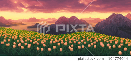 A field of tulips against the backdrop of mountains. Spring banner vector illustration. huge field of colorful tulips. Behind the field is a mountain range. Sunset. clouds of orange 104774044
