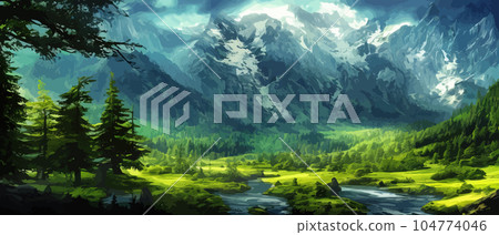 Foggy mountains landscape landscape vector illustration. Smoky rocky panorama with mountain mountains and silhouettes for pine forest. Evergreen forests and green meadows. Mountains in fog with forest Foggy mountains landscape landscape vector illustration. Smoky rocky panorama with mountain mountains and silhouettes for pine forest. Evergreen forests and green meadows. Mountains in fog with forest 104774046