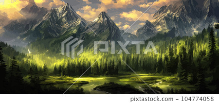 Foggy mountains landscape landscape vector illustration. Smoky rocky panorama with mountain mountains and silhouettes for pine forest. Evergreen forests and green meadows. Mountains in fog with forest 104774058