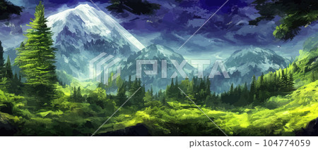 Foggy mountains landscape landscape vector illustration. Smoky rocky panorama with mountain mountains and silhouettes for pine forest. Evergreen forests and green meadows. Mountains in fog with forest 104774059