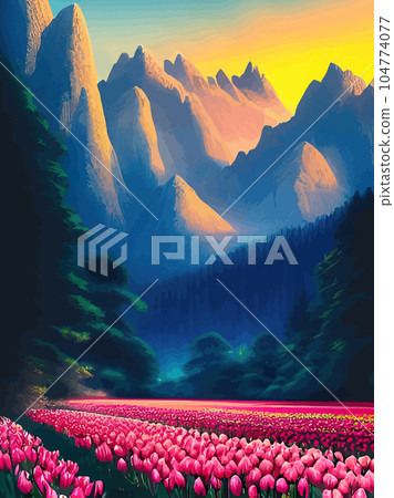 Vector spring background. Dutch landscape with tulip field, trees, hills, mountains. Floral vertical landscape poster cartoon hand drawn style. For posters, advertisements, wallpapers, landing pages Vector spring background. Dutch landscape with tulip field, trees, hills, mountains. Floral vertical landscape poster cartoon hand drawn style. For posters, advertisements, wallpapers, landing pages 104774077