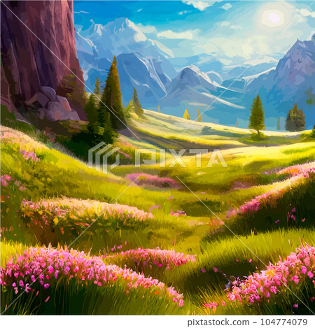 Beautiful field of tulips growing on the slope, mountains and sky illustration. Abstract field illustration. landscape spring vector background. Netherlands nature. Cover template. Poster Beautiful field of tulips growing on the slope, mountains and sky illustration. Abstract field illustration. landscape spring vector background. Netherlands nature. Cover template. Poster 104774079