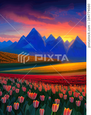 Vector spring background. Dutch landscape with tulip field, trees, hills, mountains. Floral vertical landscape poster cartoon hand drawn style. For posters, advertisements, wallpapers, landing pages Vector spring background. Dutch landscape with tulip field, trees, hills, mountains. Floral vertical landscape poster cartoon hand drawn style. For posters, advertisements, wallpapers, landing pages 104774080