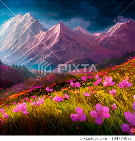 Beautiful field of tulips growing on the slope, mountains and sky illustration. Abstract field illustration. landscape spring vector background. Netherlands nature. Cover template. Poster, set 104774082