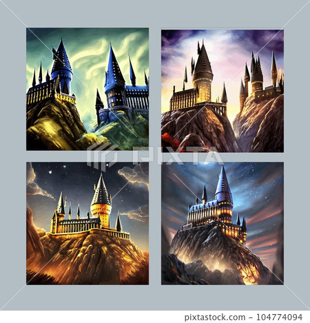Cartoon castle on a hill in rainy weather. Landscape of a fairy kingdom in the moonlight at night. Medieval palace with towers. illustration set Cartoon castle on a hill in rainy weather. Landscape of a fairy kingdom in the moonlight at night. Medieval palace with towers. illustration set 104774094
