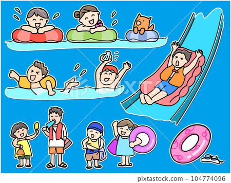 Playing in the water Summer vacation children set Sticker style Playing in the water Summer vacation children set Sticker style 104774096
